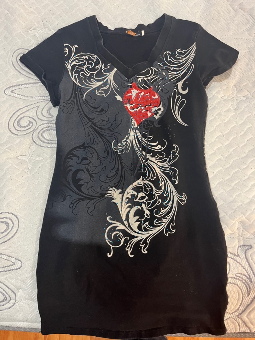 Black Graphic Y2k Dress or Long Tee with Rhinestones